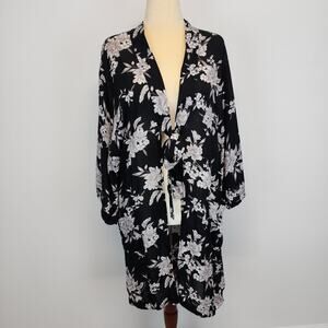 Spiritual Gangster Maya Floral Kimono One Size Black White Rayon Tie Front Comfy
